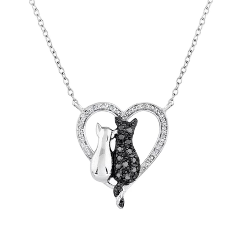 Black & White Crystal Cat Heart Pendant Necklace